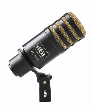 black microphone with striped grill in gold.