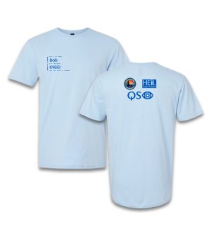 Front and back of light blue shirt with name, call sign, morse code, and logos.