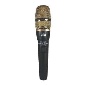 handheld microphone for amateur radio featuring a push to talk button and an element switch on the body with a gold windscreen.