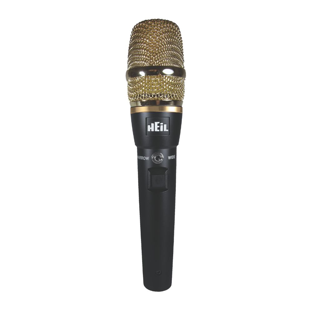 handheld microphone for amateur radio featuring a push to talk button and an element switch on the body with a gold windscreen.